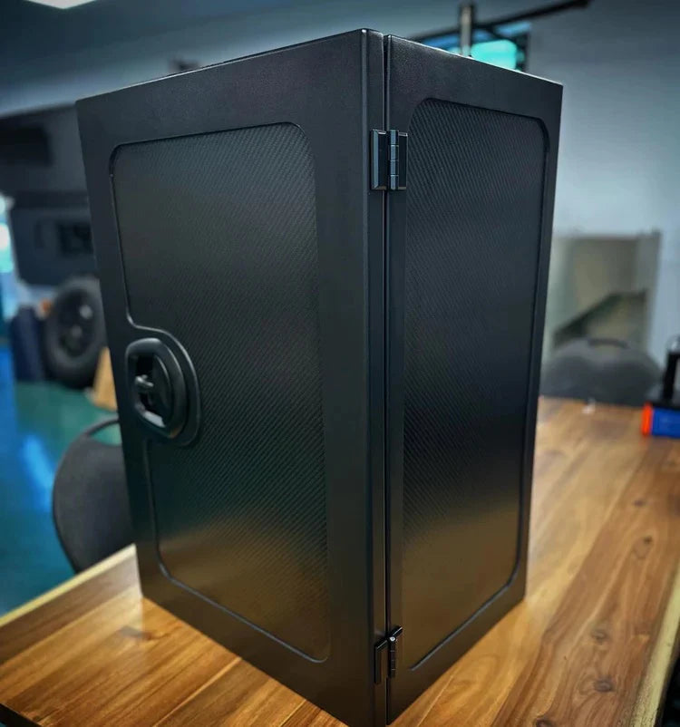 Sprinter Rear Door Aluminum Gear Rack - NO DRILL + Carbon Fiber Storage Box - Venti | Camper Van Storage