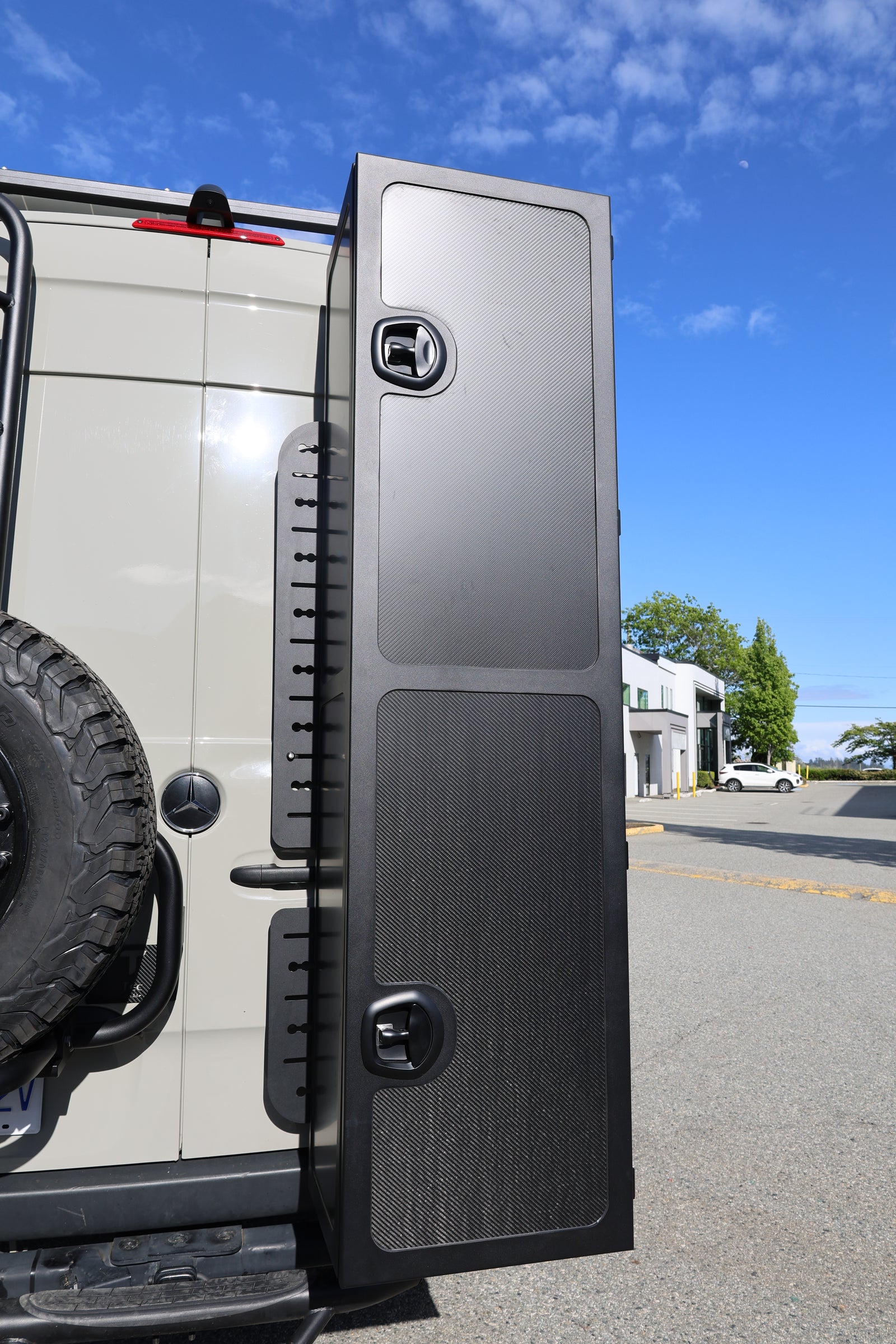 Trenta carbon fiber and aluminum ski storage box on a camper van