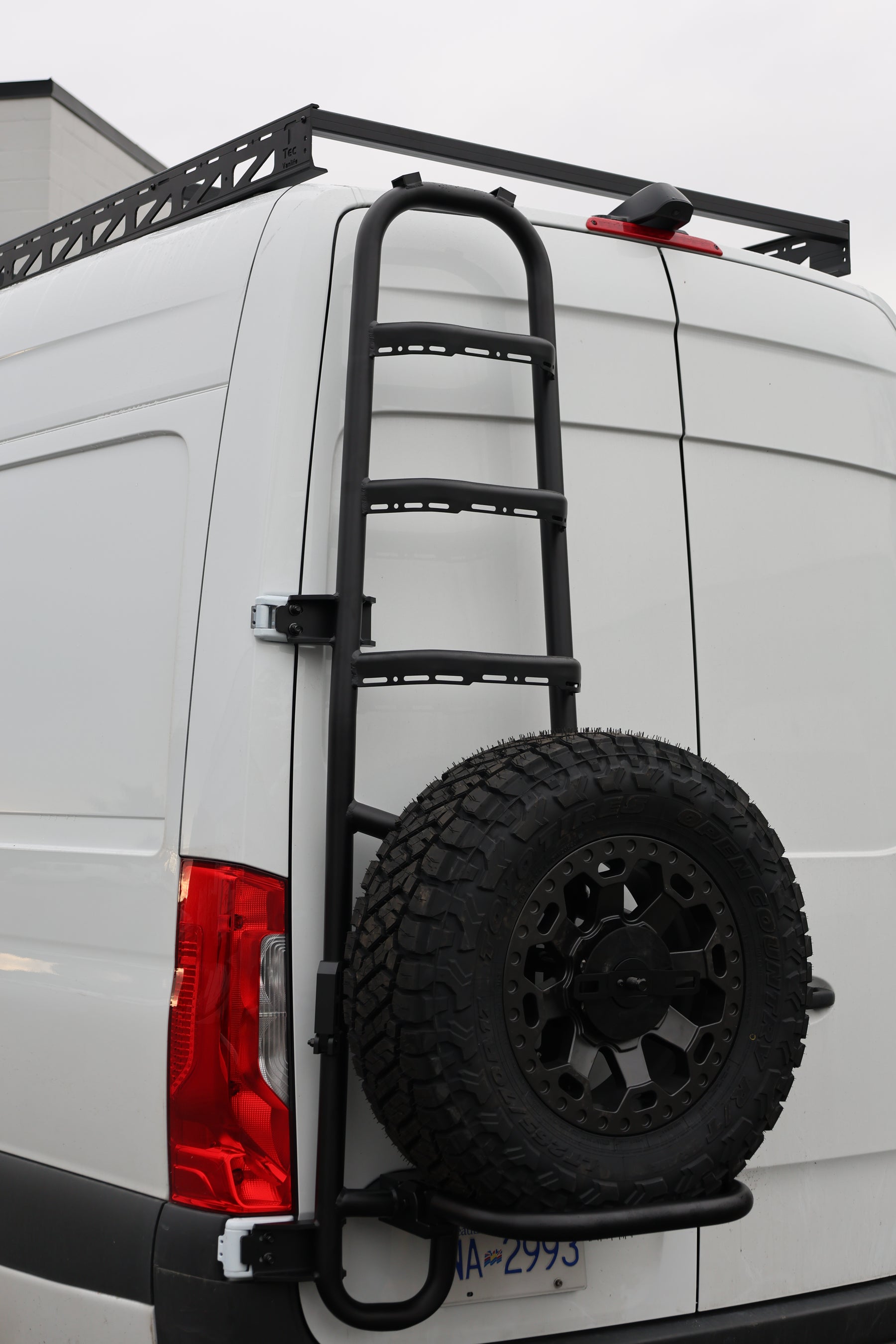 Foldable spare-tire support arm on Tec Vanlife tire ladder carrier