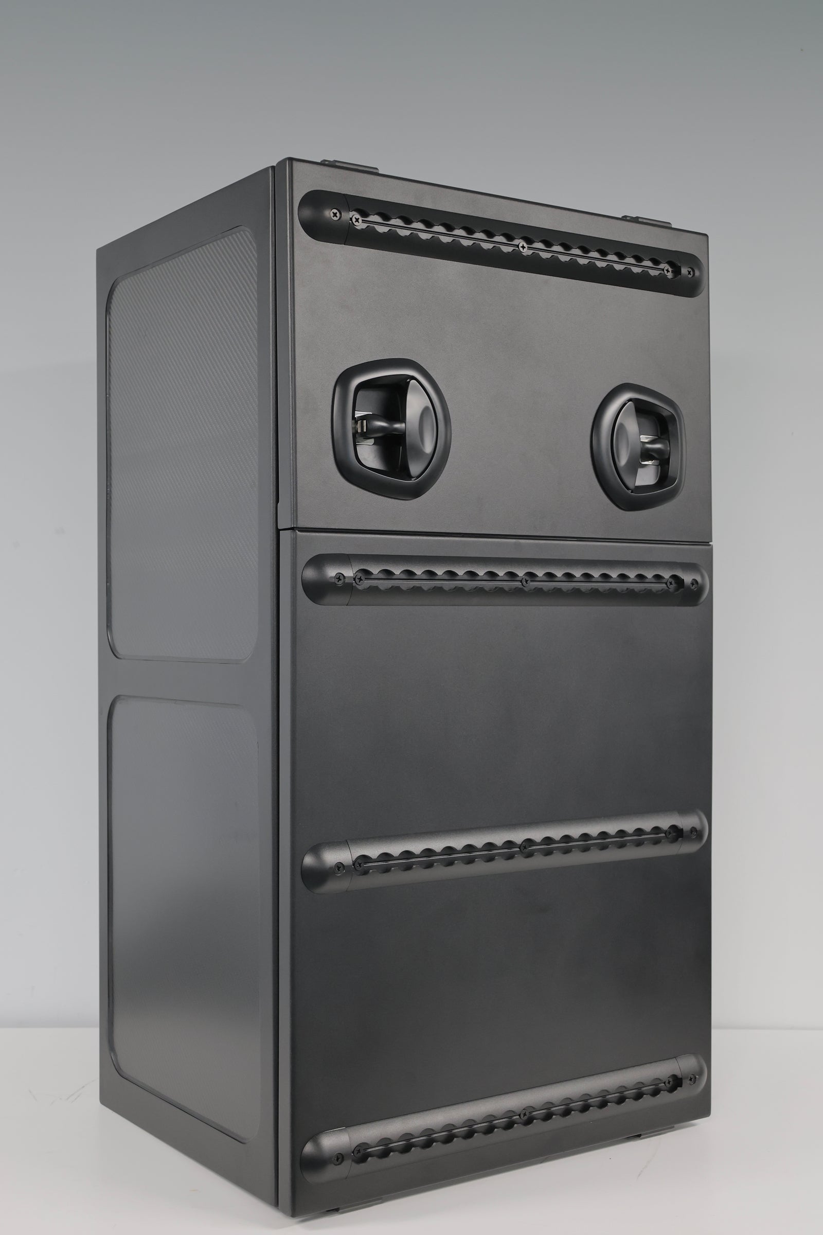 Split-door carbon fiber and aluminum van storage box