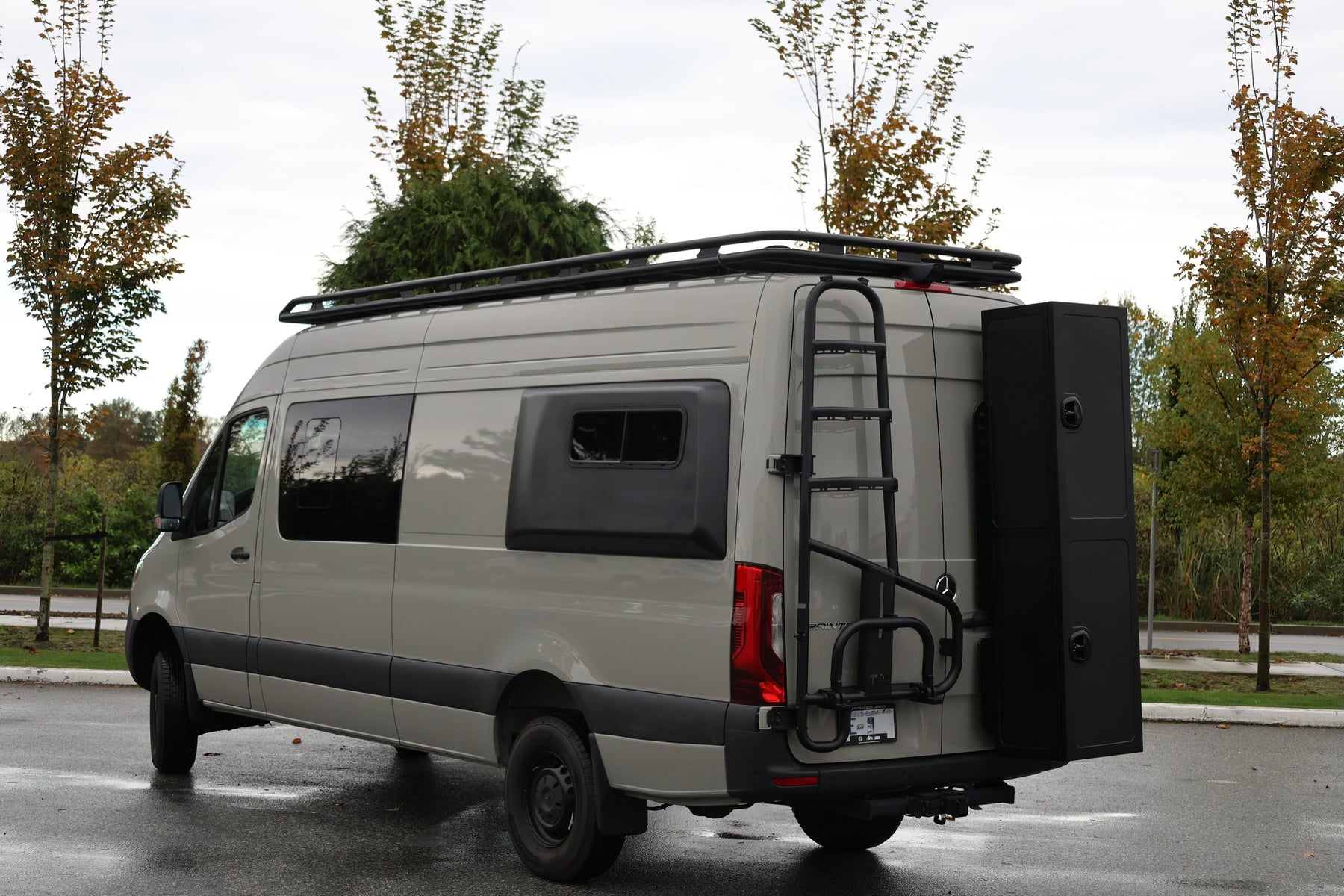 Tec Vanlife tire ladder carrier installed on a Mercedes Sprinter VS30