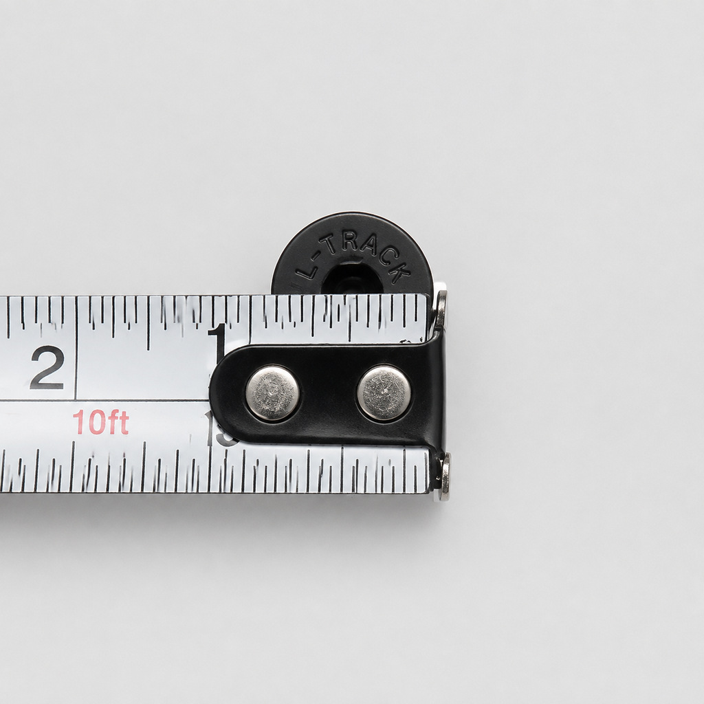 Black tapered flat-head L-track mounting screw shown across a tape measure to display the screw-head diameter.