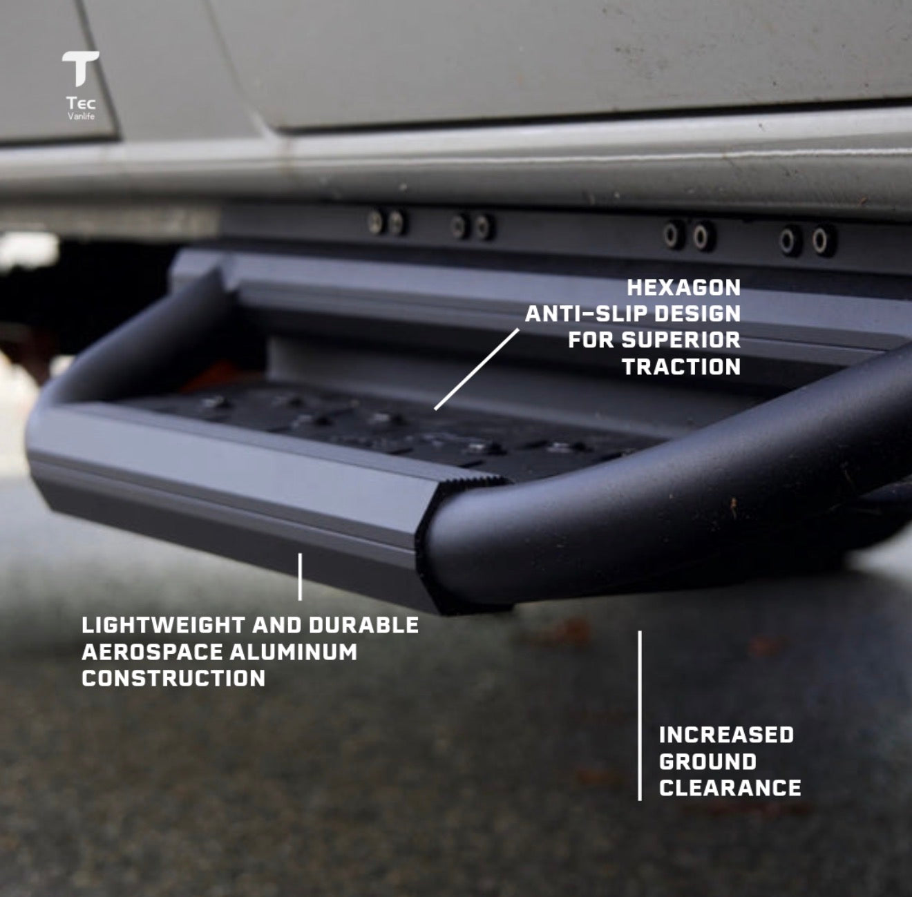 Hexagon anti-slip Sprinter running board installed beneath a van door