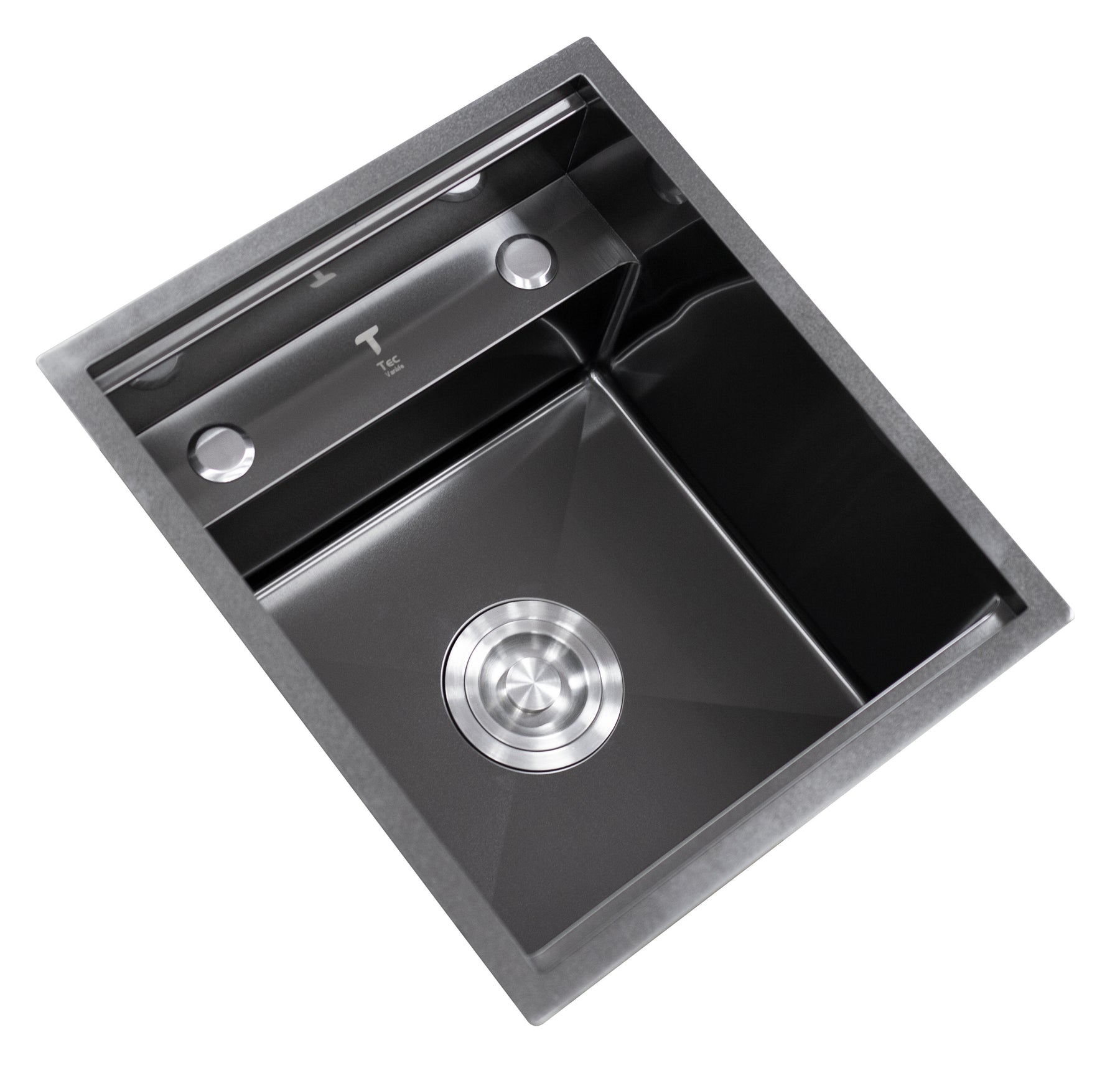 Black stainless-steel camper sink installed in a compact kitchen cabinet