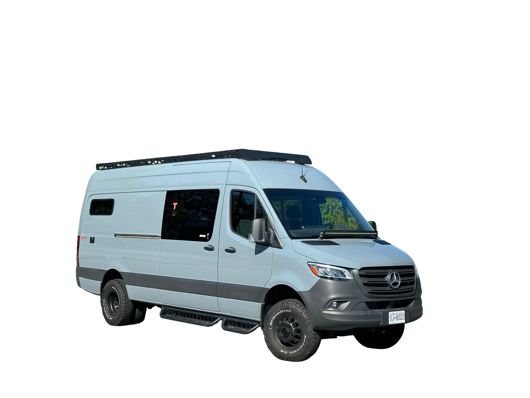 Tec Vanlife three-piece tubular aluminum running boards installed on a Sprinter